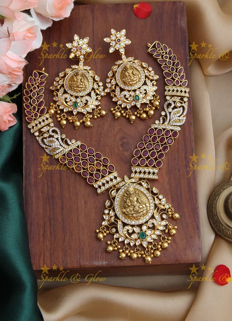 Gold Alike CZ Kemp Stone Lakshmi Short Necklace - Sparkle and Glow