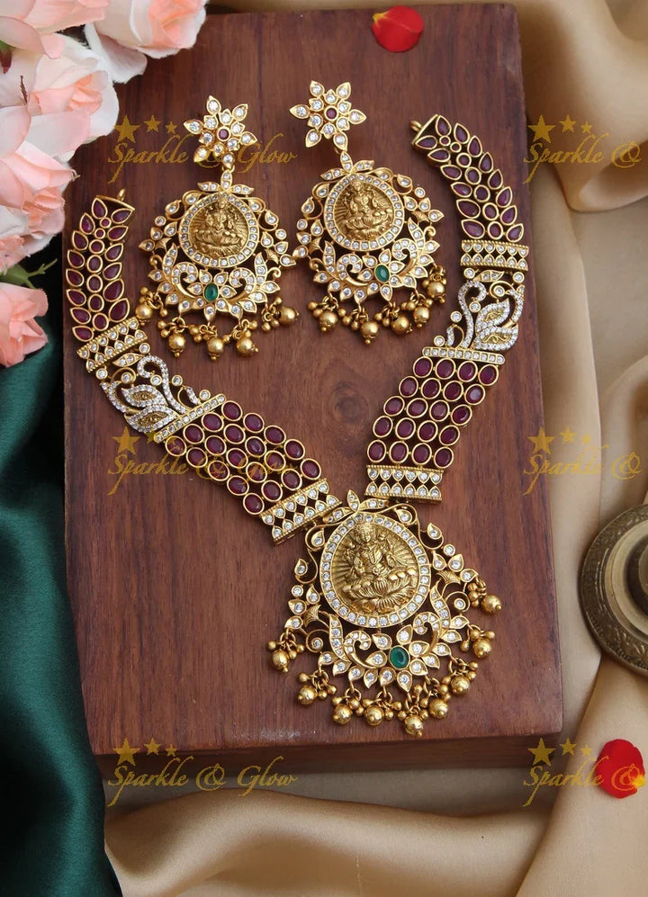 Gold Alike CZ Kemp Stone Lakshmi Short Necklace - Sparkle and Glow