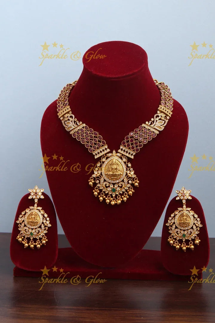 Gold Alike CZ Kemp Stone Lakshmi Short Necklace - Sparkle and Glow