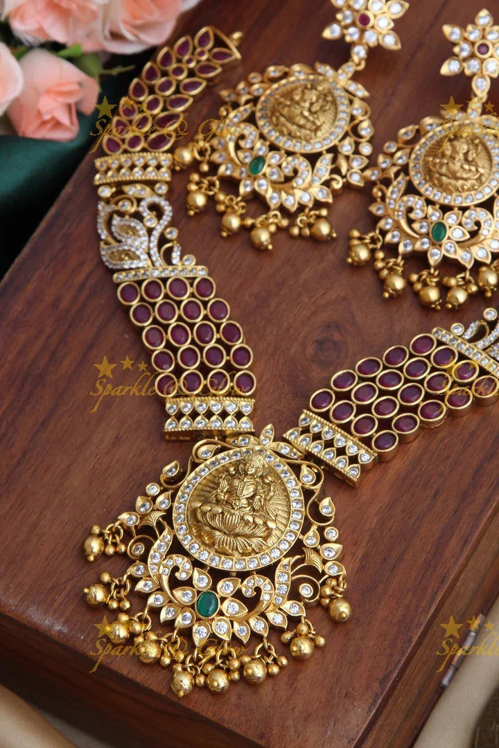 Gold Alike CZ Kemp Stone Lakshmi Short Necklace - Sparkle and Glow