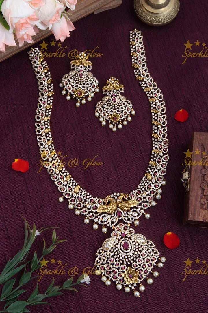 Gold Alike Antique American Diamond Peacock Mango Floral Long Necklace - Sparkle and Glow