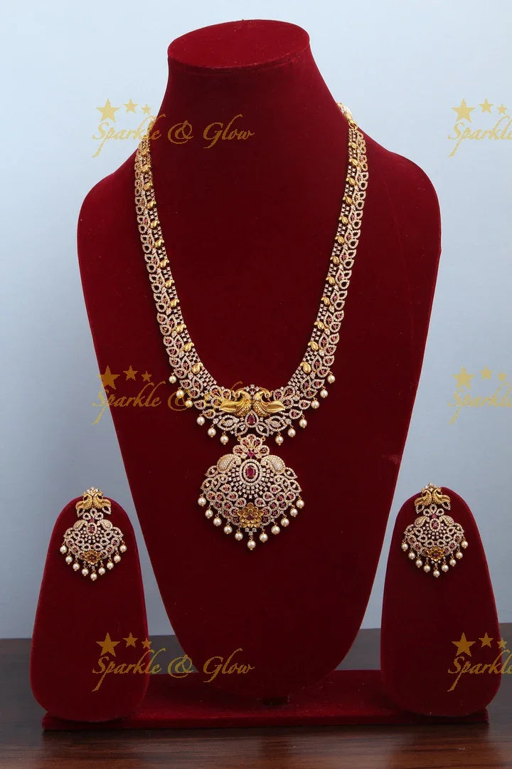 Gold Alike Antique American Diamond Peacock Mango Floral Long Necklace - Sparkle and Glow