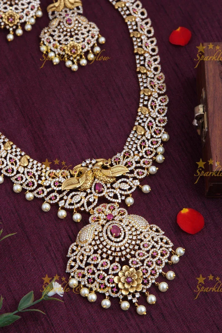 Gold Alike Antique American Diamond Peacock Mango Floral Long Necklace - Sparkle and Glow