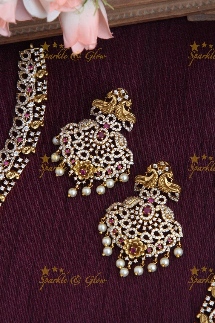 Gold Alike Antique American Diamond Peacock Mango Floral Long Necklace - Sparkle and Glow