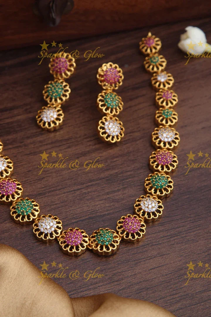 Premium Matte AD Stone floral short necklace - Sparkle and Glow