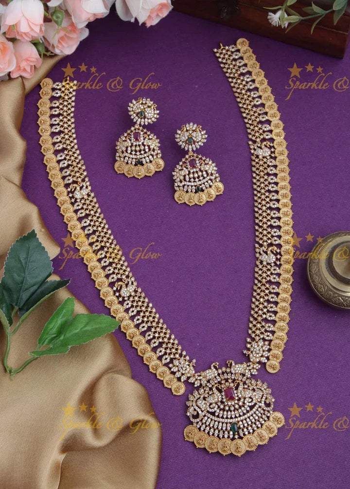 Beautiful American Diamond Peacock Kemp Lakshmi coin long necklace - Sparkle and Glow