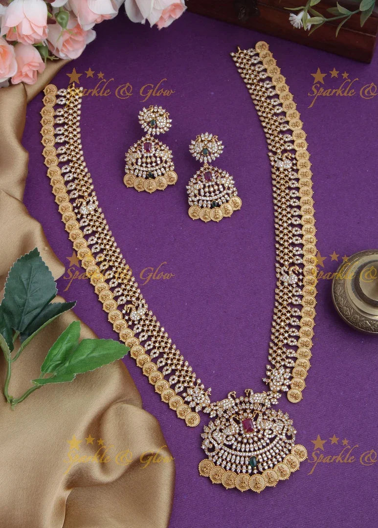 Beautiful American Diamond Peacock Kemp Lakshmi coin long necklace - Sparkle and Glow