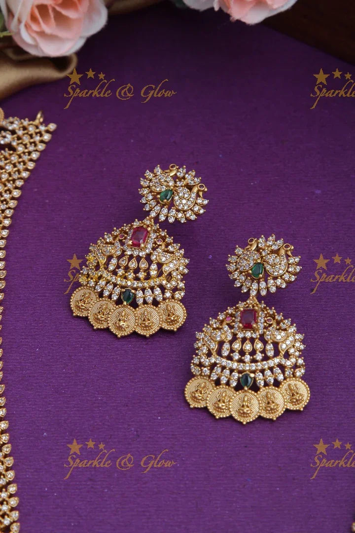 Beautiful American Diamond Peacock Kemp Lakshmi coin long necklace - Sparkle and Glow