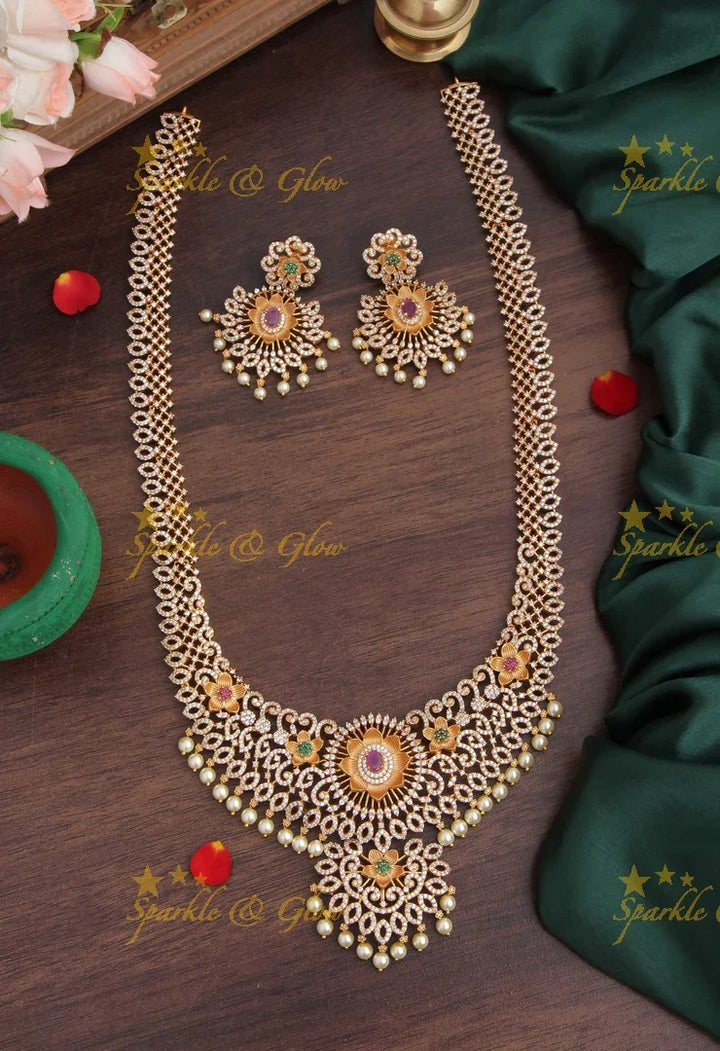 Premium matte American Diamond Floral Long Necklace - Sparkle and Glow