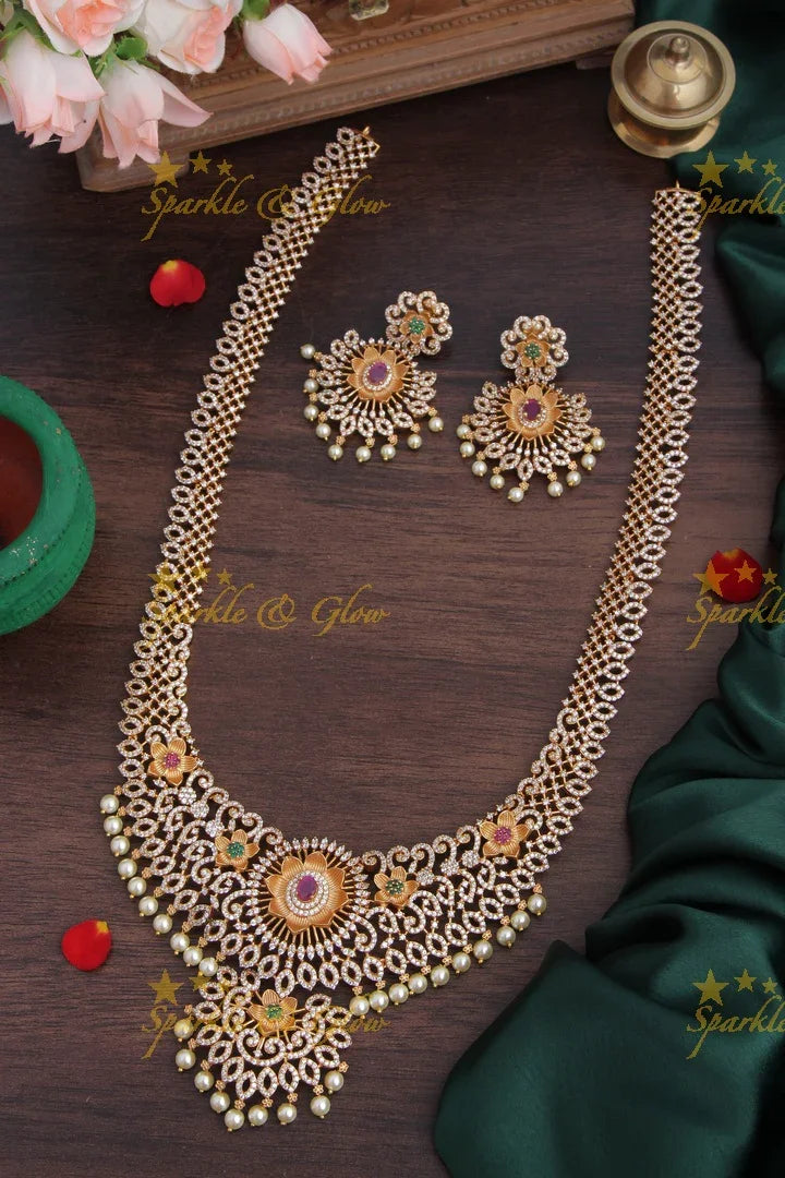 Premium matte American Diamond Floral Long Necklace - Sparkle and Glow