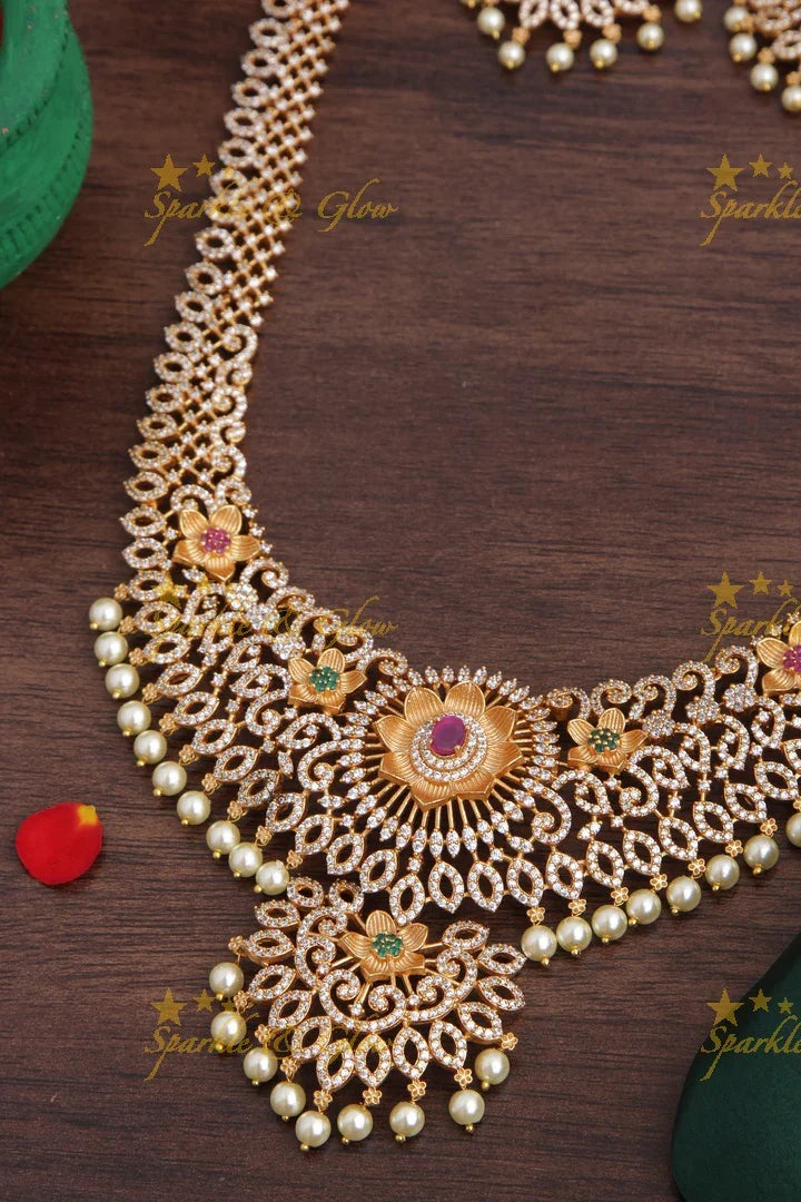 Premium matte American Diamond Floral Long Necklace - Sparkle and Glow