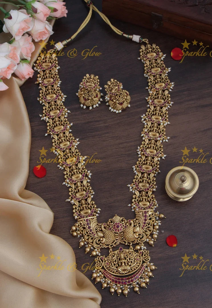 Premium matte Grand Lakshmi gutta pusalu haram - Gold Multi - Sparkle and Glow