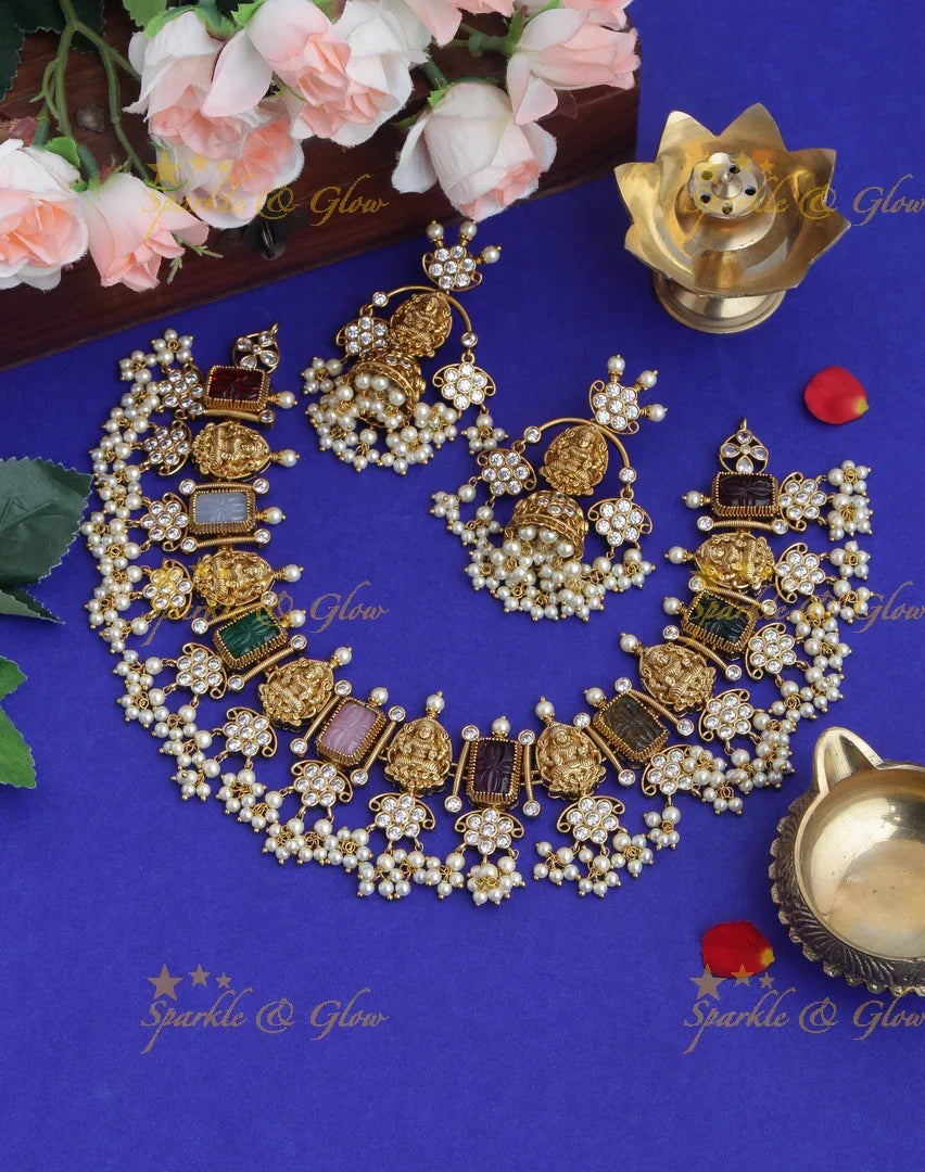 Gold alike premium navarathna carving stone Lakshmi Floral gutta pusalu Necklace - Sparkle and Glow