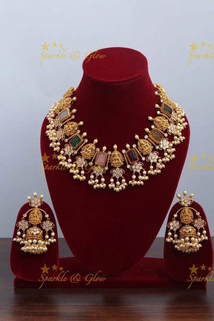 Gold alike premium navarathna carving stone Lakshmi Floral gutta pusalu Necklace - Sparkle and Glow