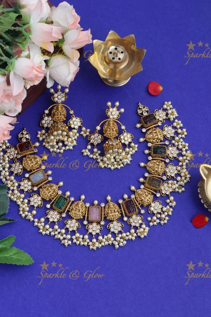 Gold alike premium navarathna carving stone Lakshmi Floral gutta pusalu Necklace - Sparkle and Glow