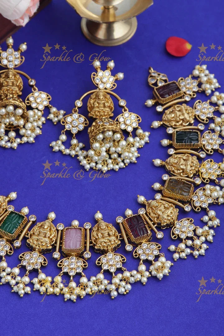 Gold alike premium navarathna carving stone Lakshmi Floral gutta pusalu Necklace - Sparkle and Glow