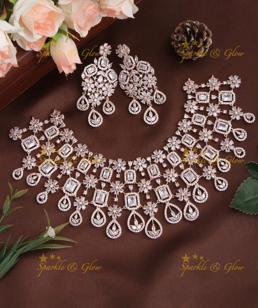 Rose Gold AD Stone Floral Heavy Necklace - Sparkle and Glow