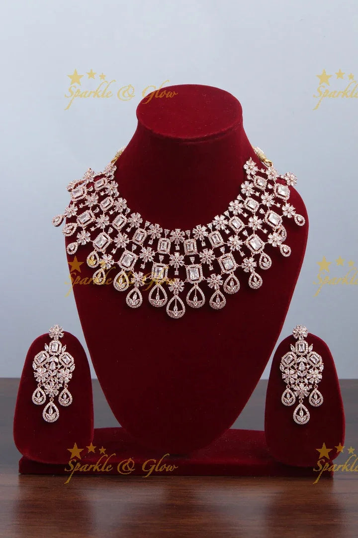 Rose Gold AD Stone Floral Heavy Necklace - Sparkle and Glow