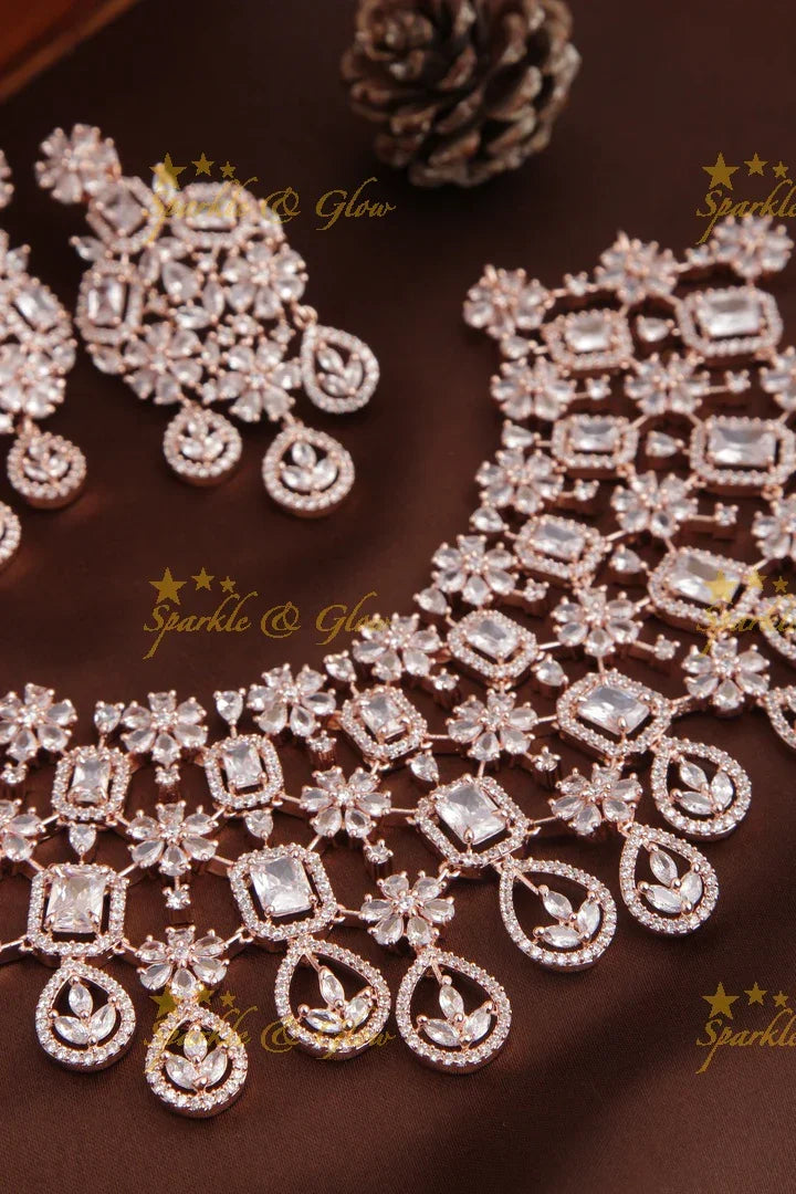 Rose Gold AD Stone Floral Heavy Necklace - Sparkle and Glow