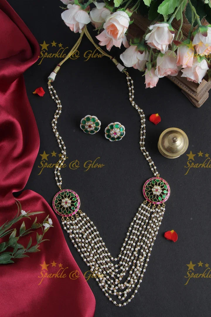 Gold Alike Floral Pearl Haram with Floral Studs - Sparkle and Glow