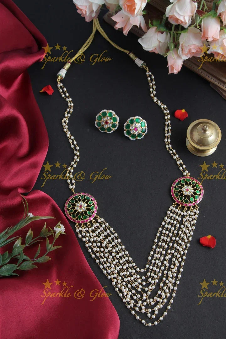 Gold Alike Floral Pearl Haram with Floral Studs - Sparkle and Glow