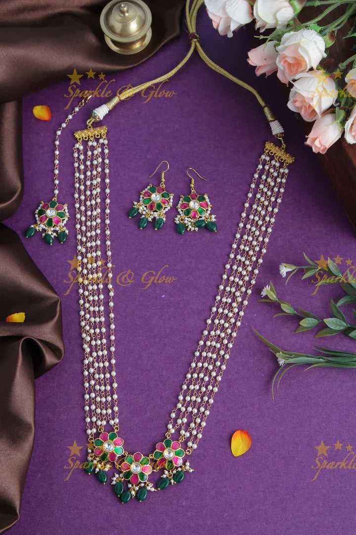 Gold Alike Floral Pearl Haram with Floral Pendent and Floral Studs - Sparkle and Glow