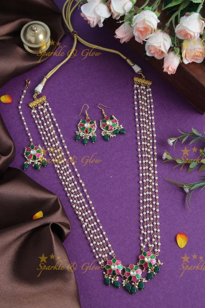 Gold Alike Floral Pearl Haram with Floral Pendent and Floral Studs - Sparkle and Glow