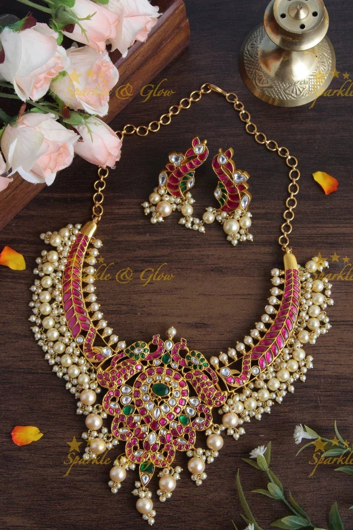 Intricate Peacock design short Necklace with Peacock Studs - Sparkle and Glow