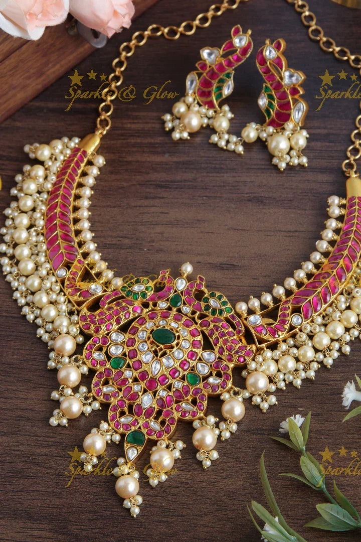 Intricate Peacock design short Necklace with Peacock Studs - Sparkle and Glow