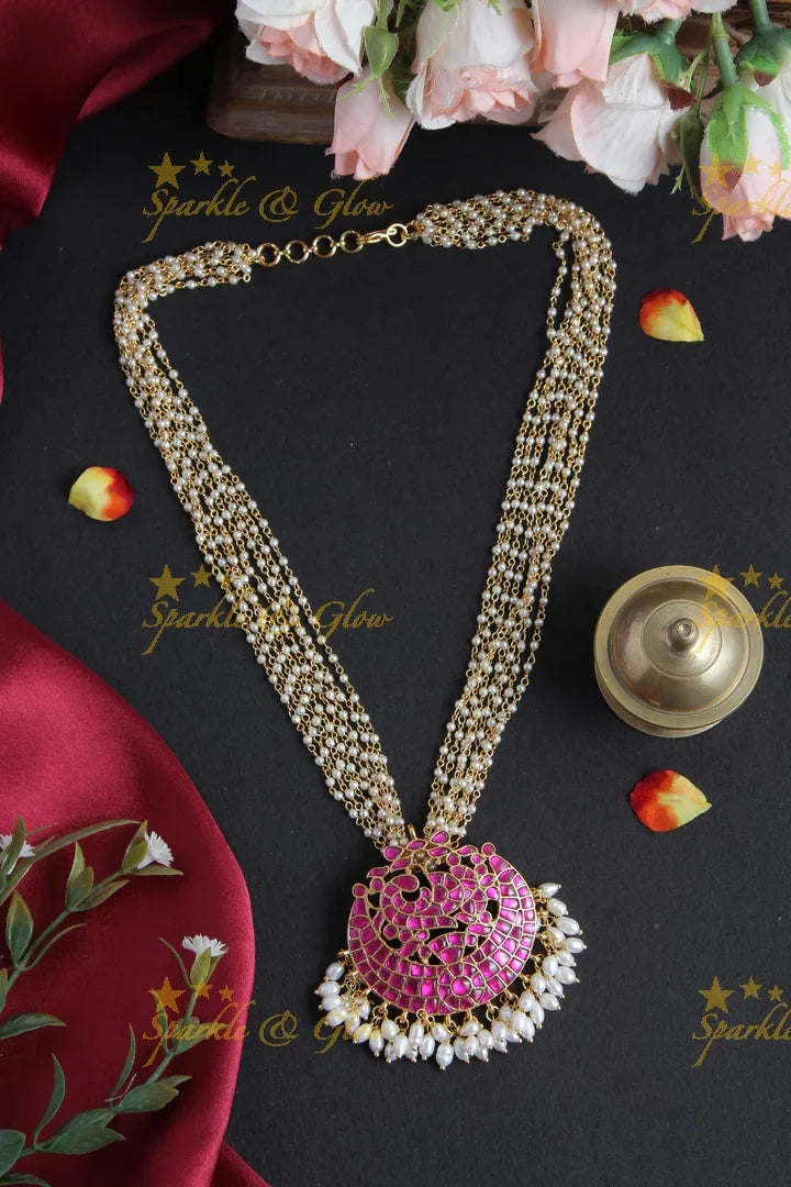 Pearl Chain with Pink Peacock Pendent - Sparkle and Glow