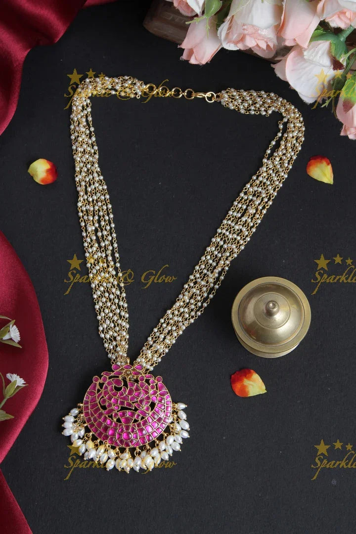 Pearl Chain with Pink Peacock Pendent - Sparkle and Glow