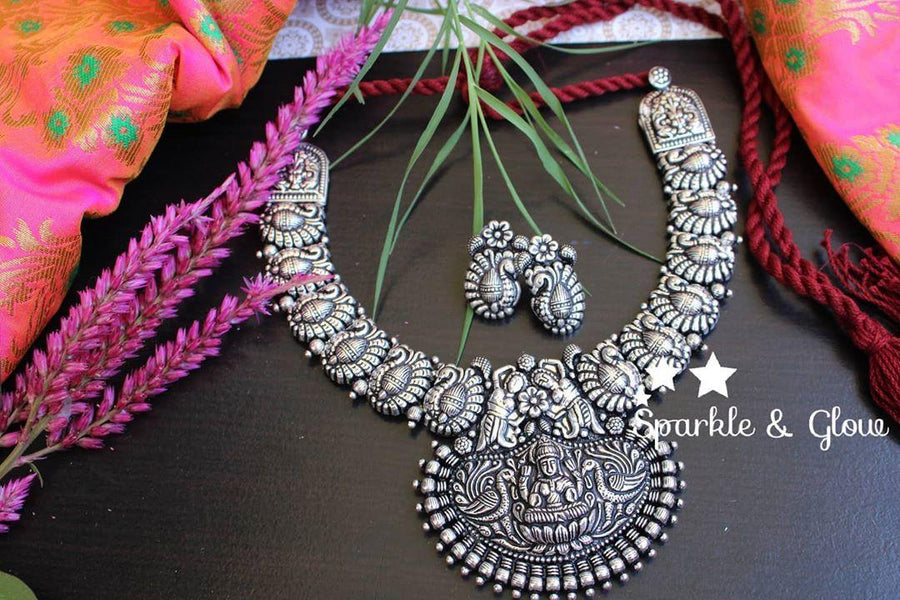 Kolhapur Silver peacock and lakshmi carved necklace - Sparkle and Glow