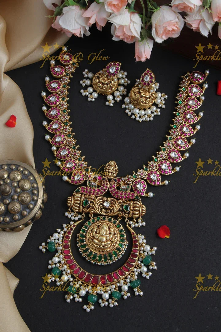 Intricately Craved Mango Peacock Necklace with Ganesh Pendent - Sparkle and Glow
