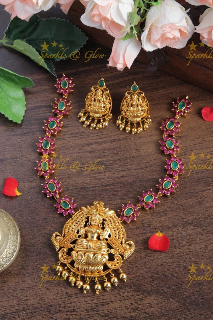 Premium Matte Floral Lakshmi Short Necklace with Lakshmi Studs - Sparkle and Glow