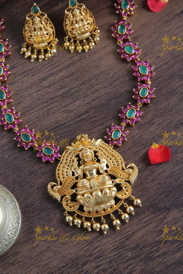 Premium Matte Floral Lakshmi Short Necklace with Lakshmi Studs - Sparkle and Glow