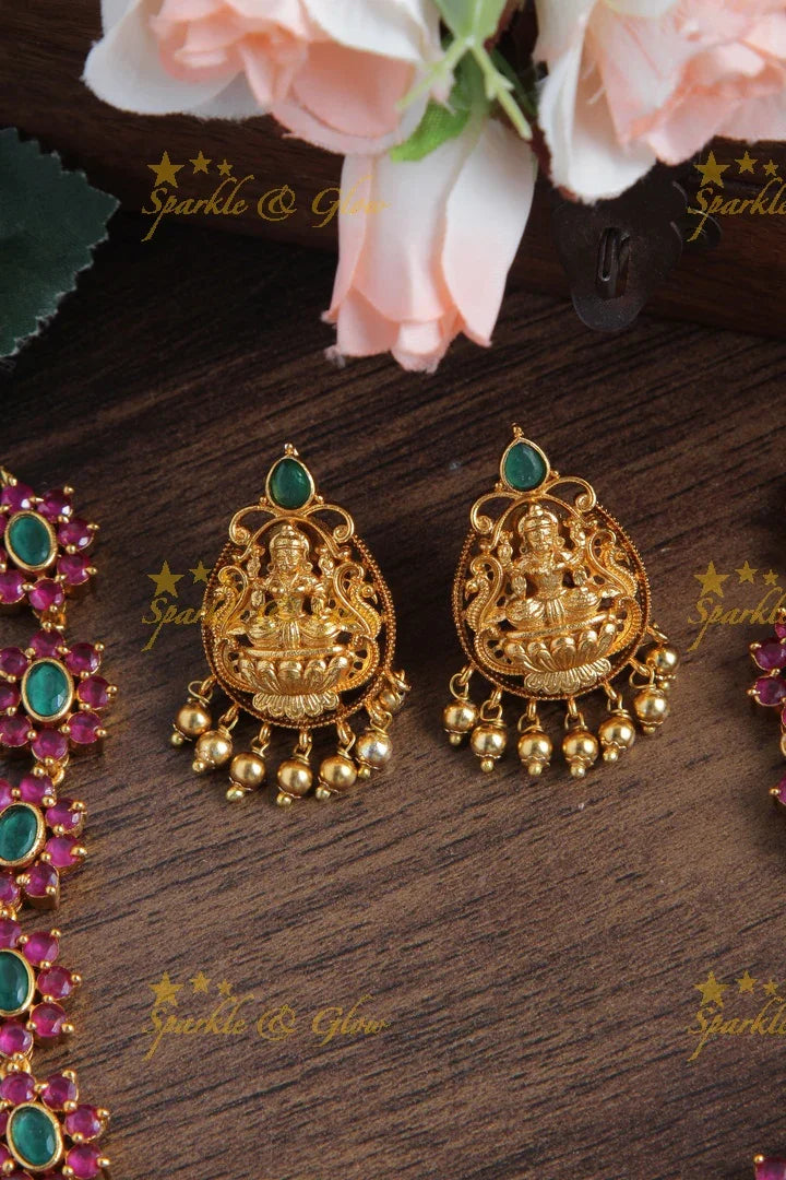 Premium Matte Floral Lakshmi Short Necklace with Lakshmi Studs - Sparkle and Glow