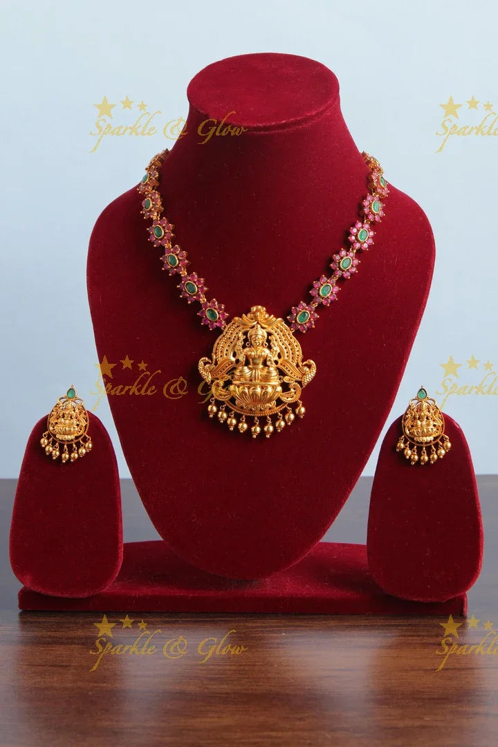 Premium Matte Floral Lakshmi Short Necklace with Lakshmi Studs - Sparkle and Glow
