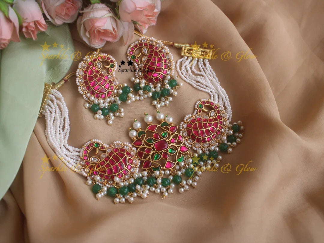 Gold Alike Jadau Peacock Floral Choker-READY TO SHIP - Sparkle and Glow