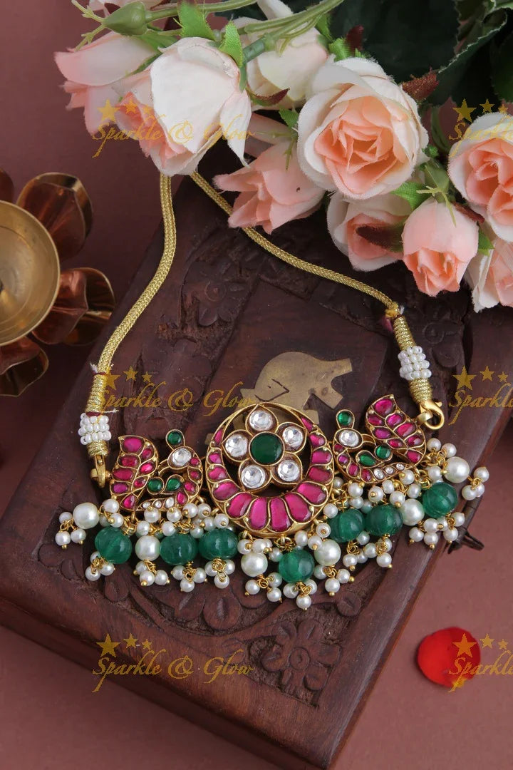 Gold Alike Floral Peacock Half Moon Choker with Green beads and Pearls - Sparkle and Glow
