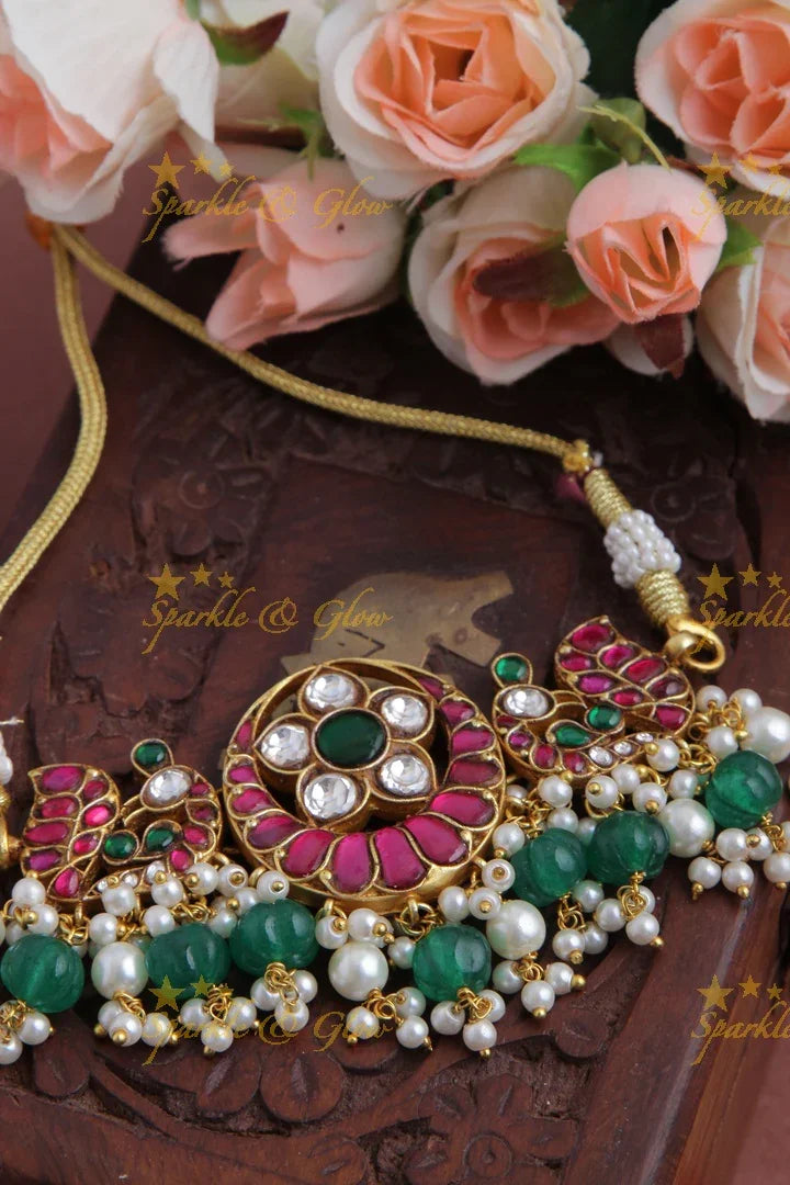 Gold Alike Floral Peacock Half Moon Choker with Green beads and Pearls - Sparkle and Glow