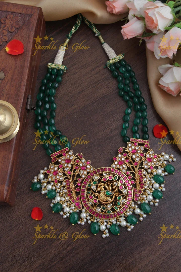 Beautiful Green beads Choker with Peacock Floral Pendent READY TO SHIP - Sparkle and Glow
