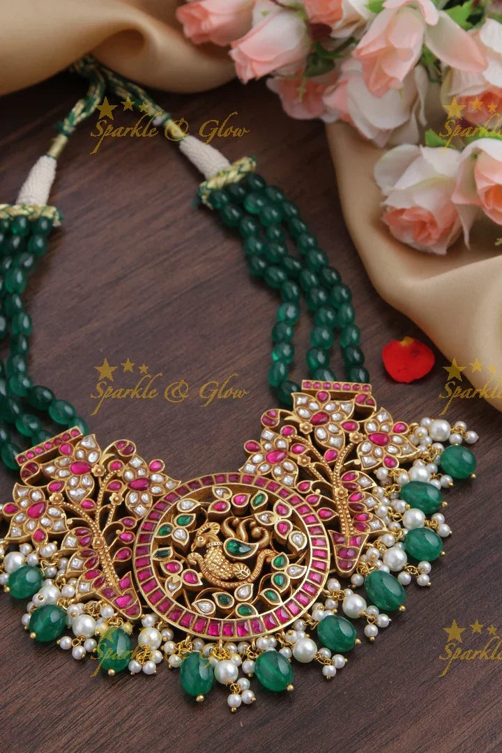 Beautiful Green beads Choker with Peacock Floral Pendent READY TO SHIP - Sparkle and Glow