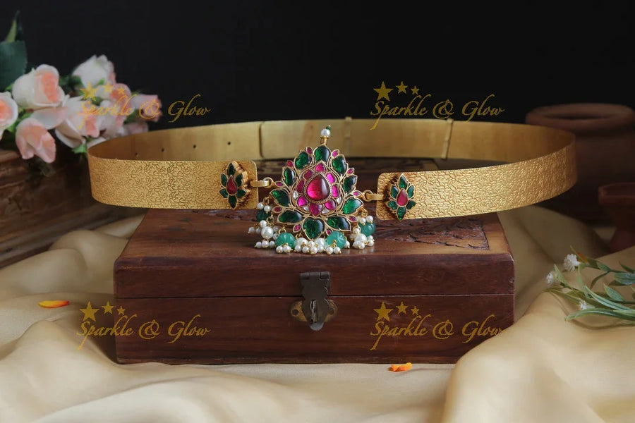 Plain Hipbelt with center Floral design made with jadau stones - Sparkle and Glow