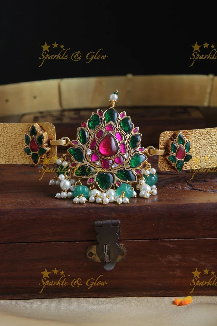 Plain Hipbelt with center Floral design made with jadau stones - Sparkle and Glow