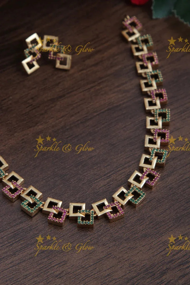 Premium Matte statement American Diamond box design necklace - Gold Pink Green - Sparkle and Glow