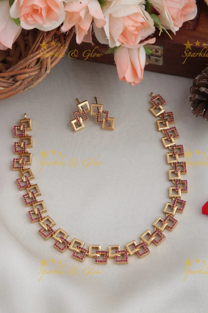 Premium Matte statement American Diamond box design necklace - Gold Pink Green - Sparkle and Glow