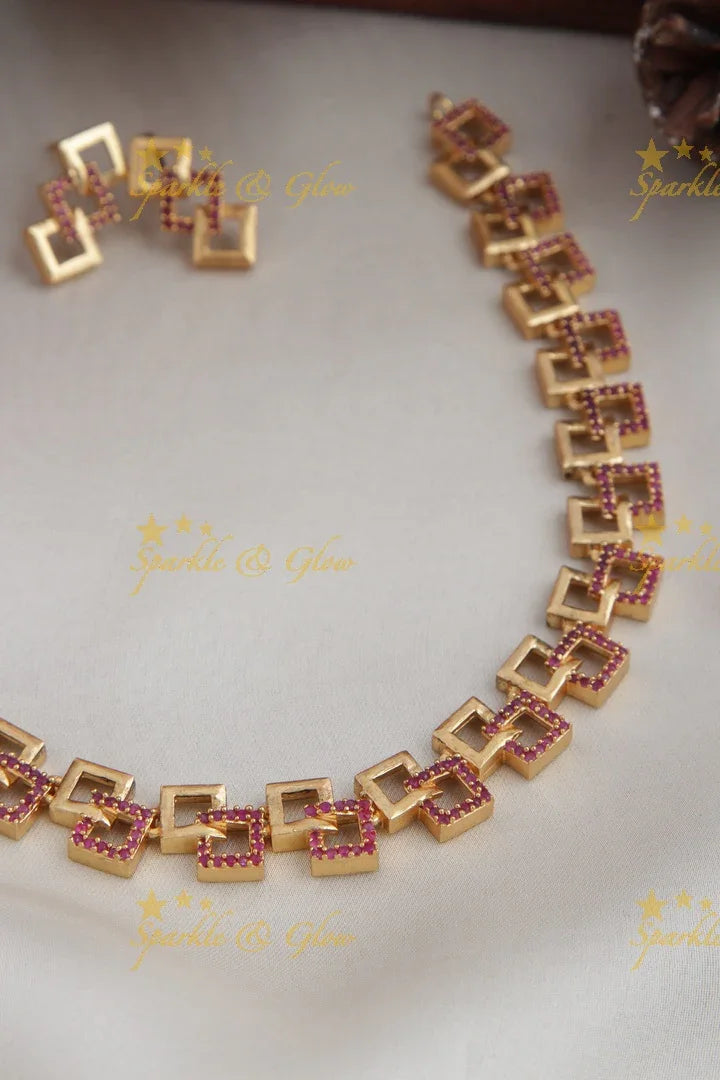 Premium Matte statement American Diamond box design necklace - Gold Pink - Sparkle and Glow