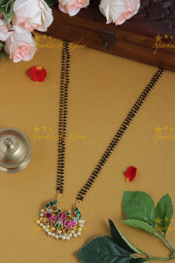 Gold Alike black beads Peacock Necklace 16 inches - Pink Green - Sparkle and Glow