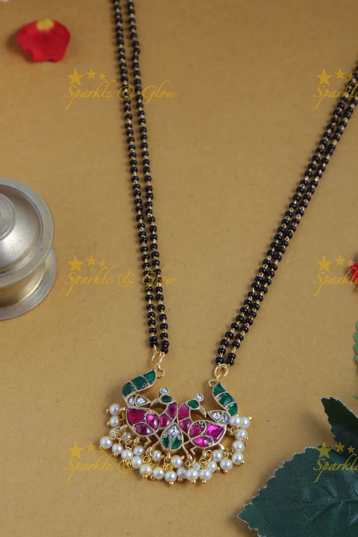 Gold Alike black beads Peacock Necklace 16 inches - Pink Green - Sparkle and Glow