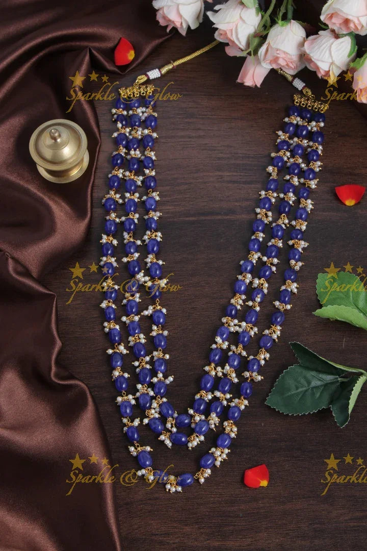 Three Layered Blue Bead Chain with Pearls - Sparkle and Glow